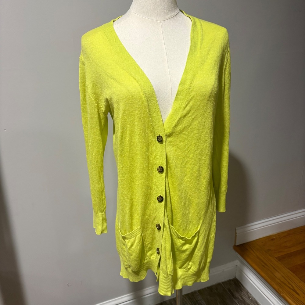 Banana Republic‎ Neon Yellow Lime Linen Blend Longline Cardigan Sweater Womens M